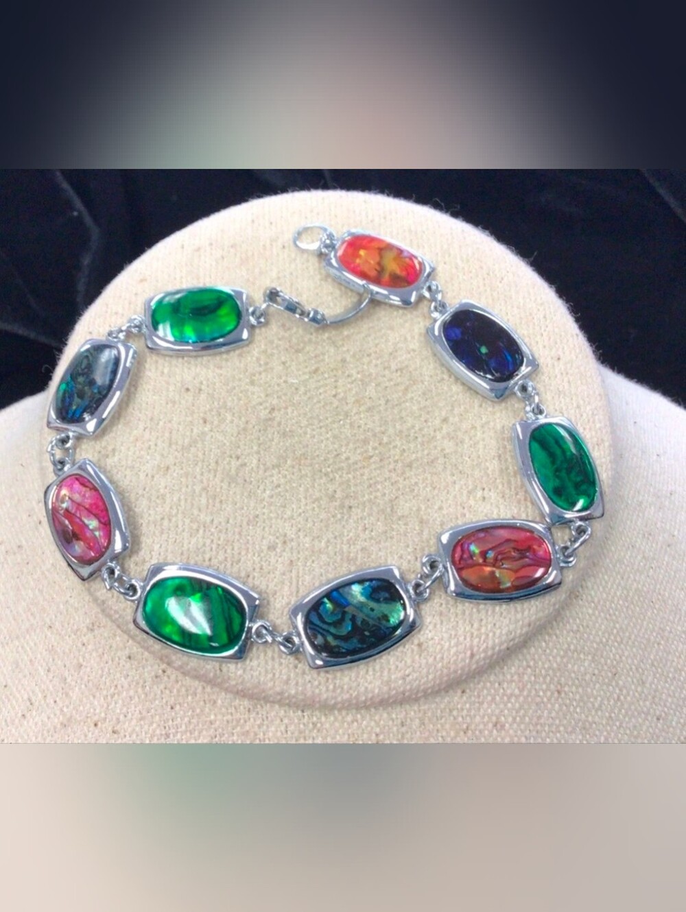 Vintage Silver Tone Iridescent Multicolor Cabochon Link Bracelet